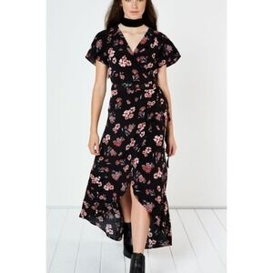 Candies Floral Print Black pink romper Dress Flutter Sleeve Midi Womens High Low